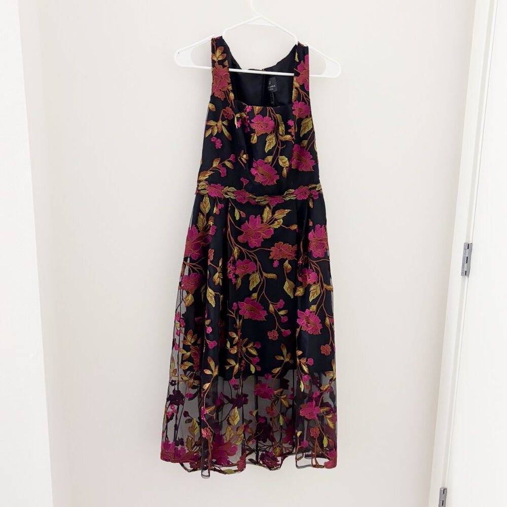 Adrianna Papell Black Embroidered Floral Midi Dress